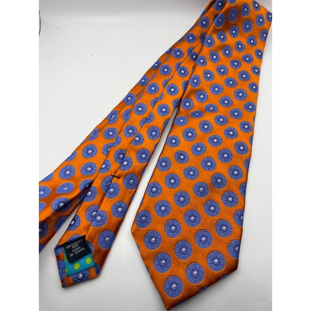 Ted Baker London Mens Silk Tie Orange Blue Medallion Geometric Polka Dot Lining